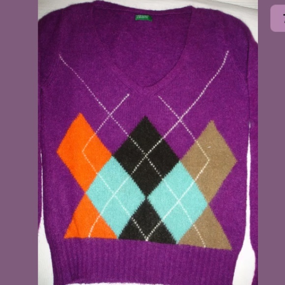 UNITED COLORS OF BENETTON Argyle V-Neck Purple Sweater S - Picture 7 of 8